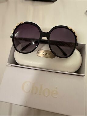 Chloé Black Round Sunglasses with Gold Scallop Accents and Black Lenses